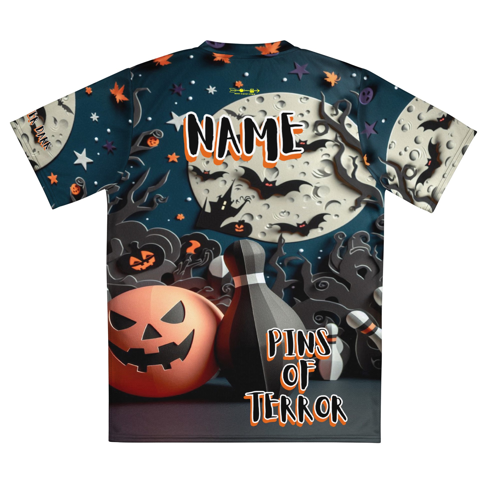 Halloween-themed t-shirt with pumpkins, bats, and a moon on a dark background. Text overlay that reads, "Pins Of Terror".