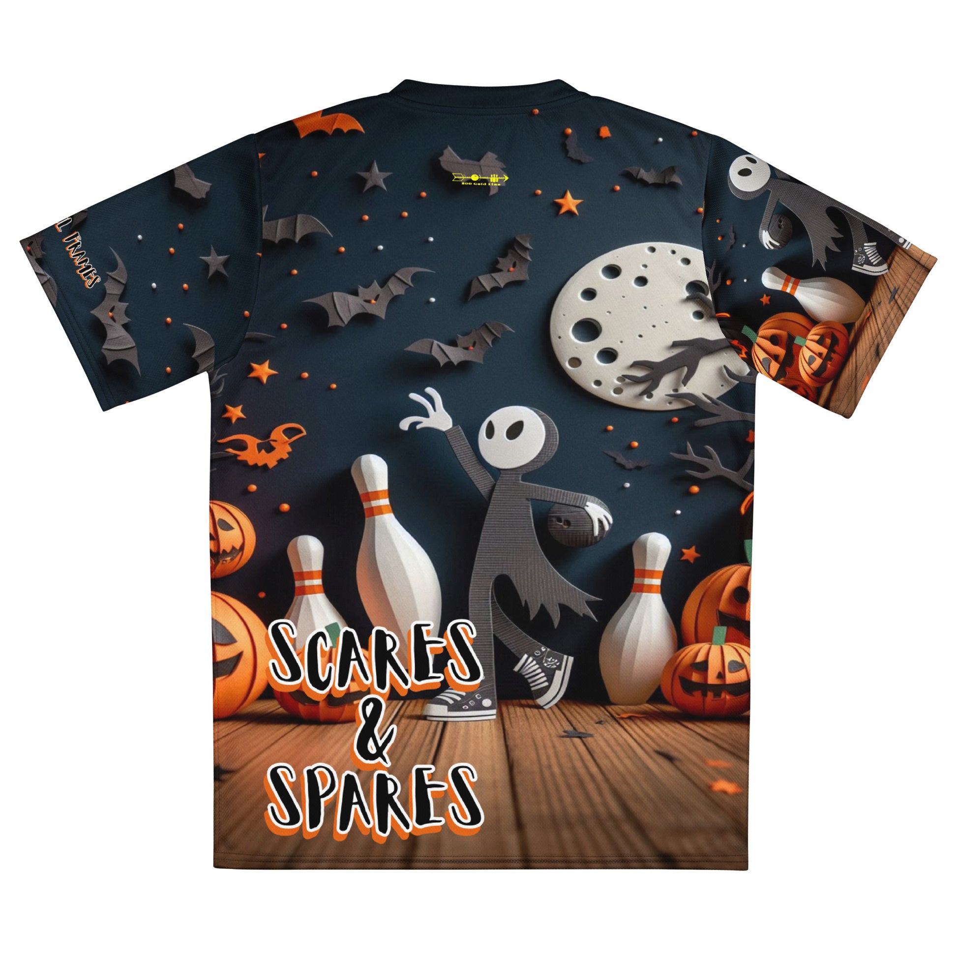 Halloween-themed bowling jersey with scary spare pins, cobwebs, and playful spooky graphics — Scares and Spares design for horror fans. Image of the back of the jersey