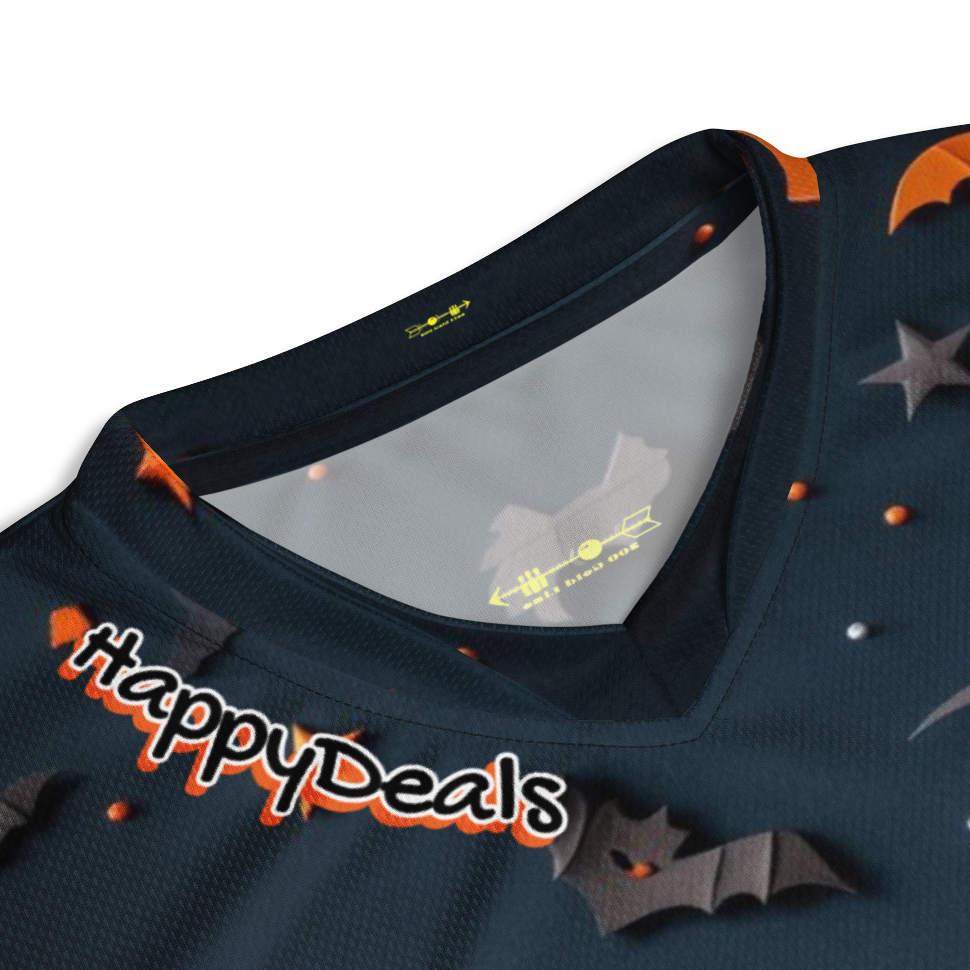 Navy blue shirt with orange and gray accents featuring 'Happy Deals' text.