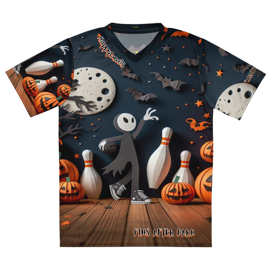 Halloween-themed jersey with ghost, pumpkins, and bowling elements on a dark background. Pins After Dark