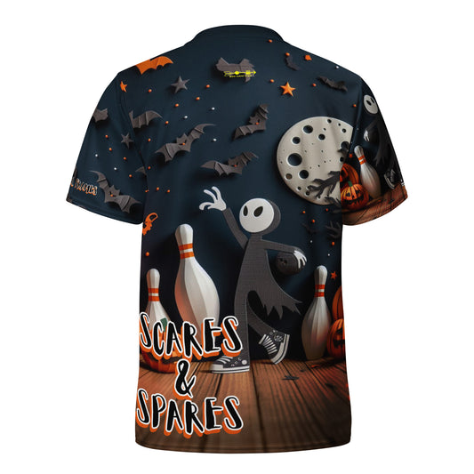 Halloween-themed shirt with ghost, bowling pins, and bats on a dark background. Back. Scares & Spares