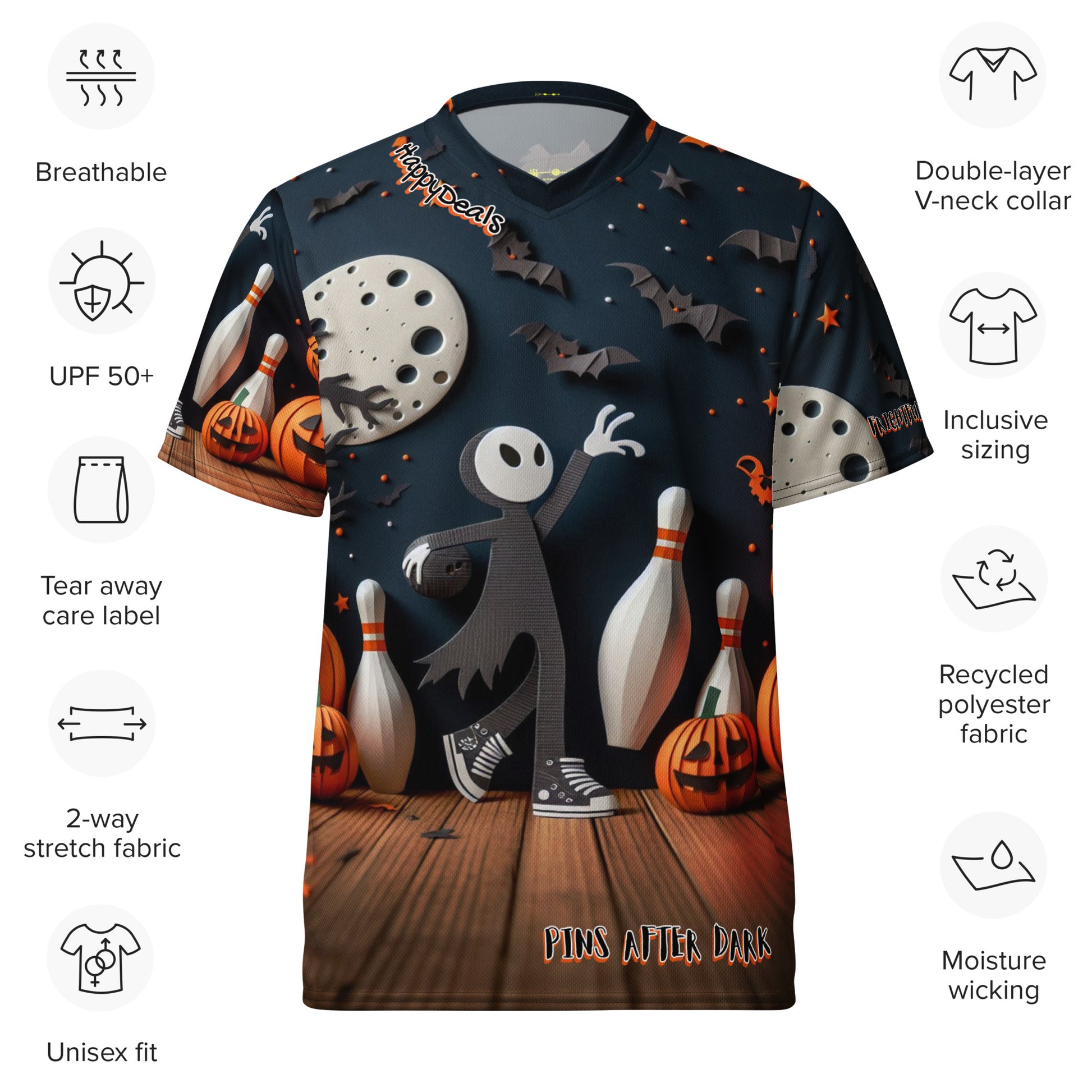 Halloween-themed t-shirt with ghost, pumpkins, and bowling pins on a dark background, surrounded by product features.