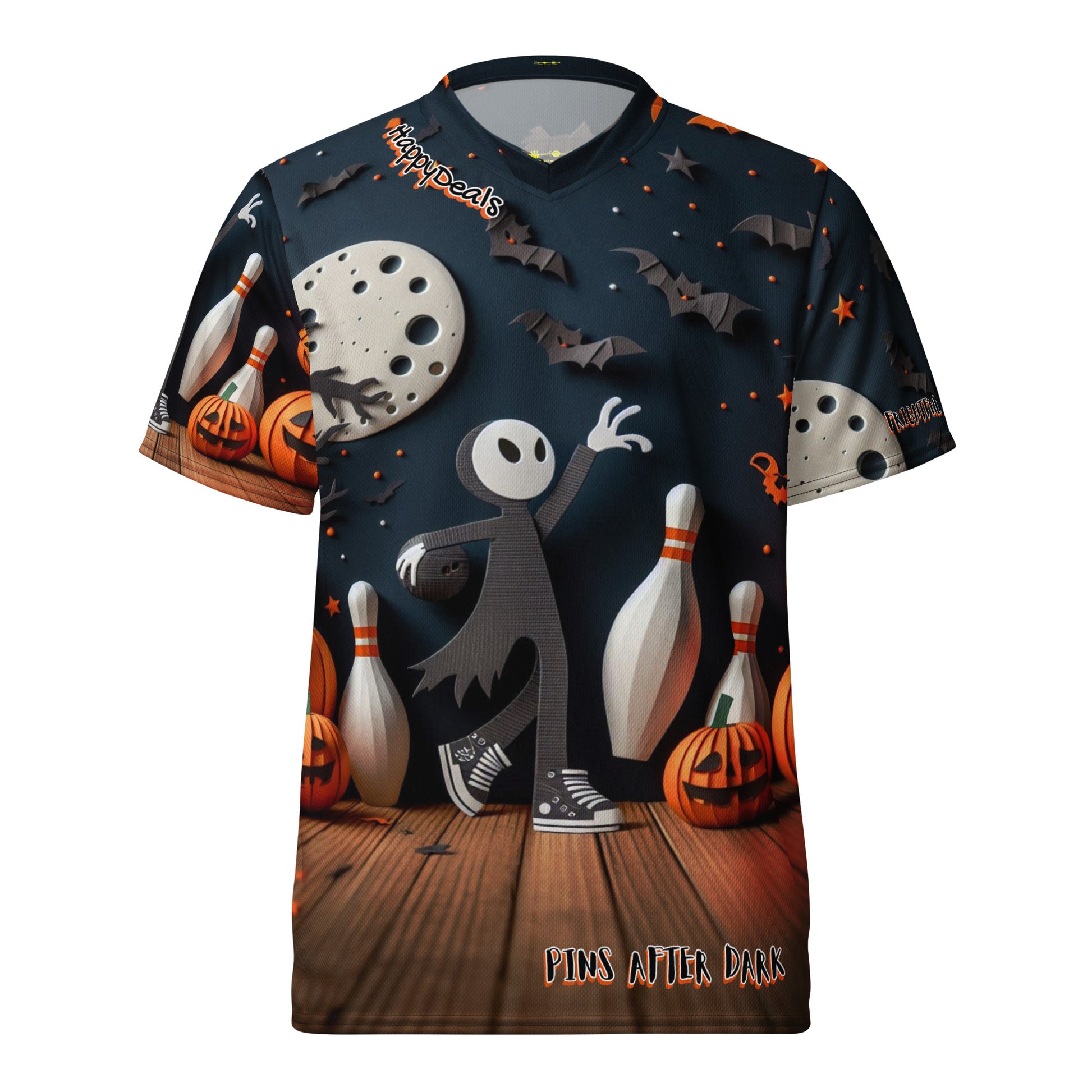 Halloween-themed t-shirt with ghost, pumpkins, and bowling elements on a dark background.