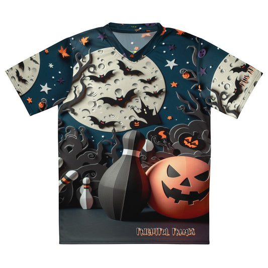 Halloween-themed t-shirt with pumpkins, bats, and full moon design on a white background