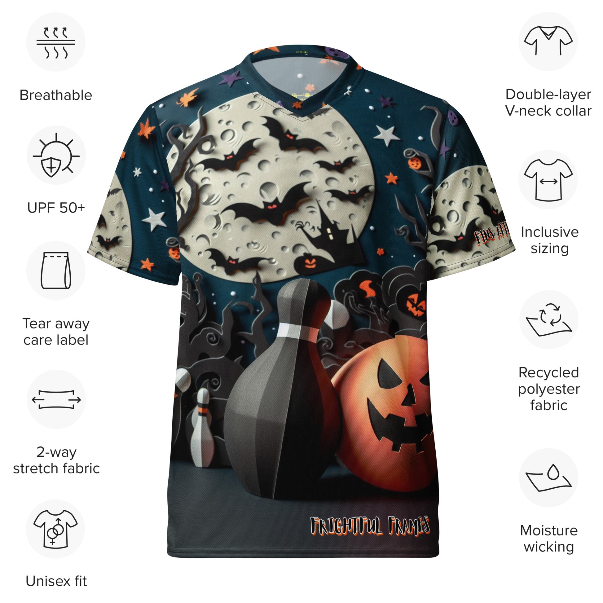 Halloween-themed t-shirt with pumpkins, bats, and ghosts on a dark background, surrounded by product features.