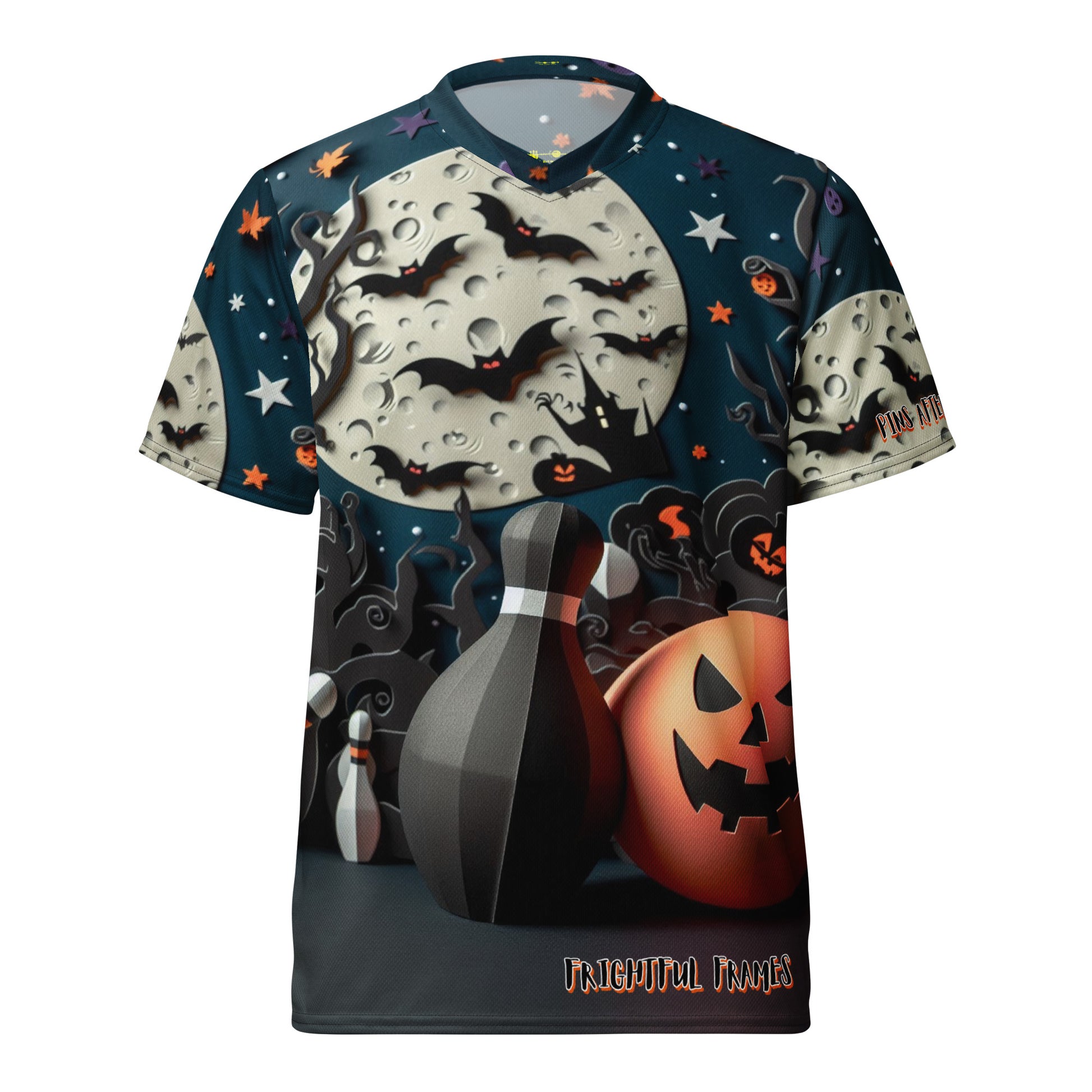 Halloween-themed t-shirt with pumpkins, bats, and a moon on a dark background